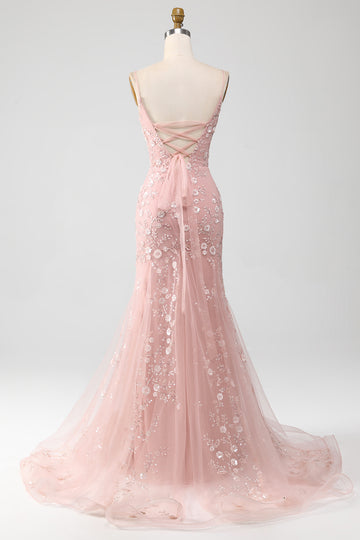Mermaid Blush Spaghetti Straps Prom Dress with Appliques